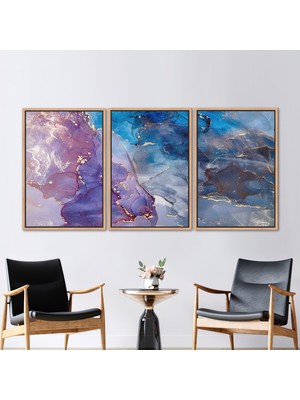 Kayra Export 3 Parçalı Naturel Çerçeveli Kanvas Tablo, Mor ve Mavi Mermer, Soyut Sanat Eseri,