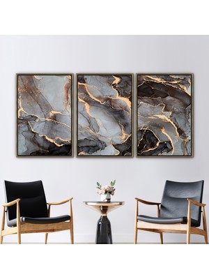 Kayra Export 3 Parçalı Gold Çerçeveli Kanvas Tablo, Gri ve Siyah Mermer Duvar Sanatı, Işıltılı Hediye Kanvas,