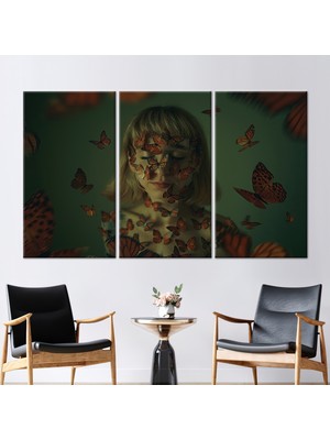 Kayra Export 3 Parçalı Kanvas Tablo, Kelebeklerle Kız, Kız Hediye Kanvas,