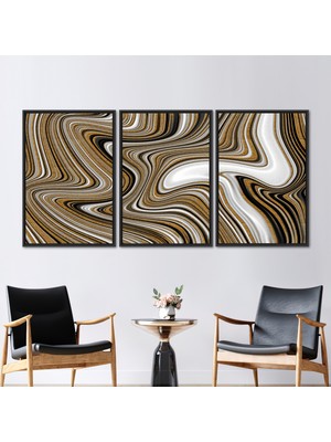 Kayra Export 3 Parçalı Siyah Çerçeveli Kanvas Tablo, Siyah Altın ve Beyaz Mermer, Işıltılı Sanat,