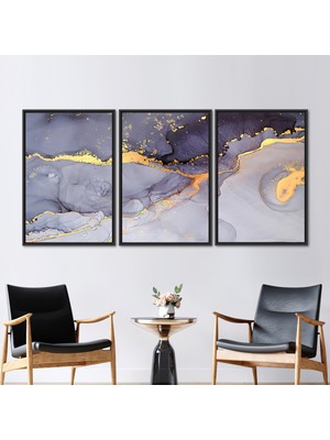 Kayra Export 3 Parçalı Siyah Çerçeveli Kanvas Tablo, Mor ve Altın Mermer, Alkol Mürekkebi Kanvas Baskı,
