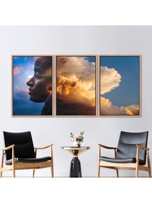 Kayra Export 3 Parçalı Naturel Çerçeveli Kanvas Tablo, Hayallerinizi Hatırla Sanat, Soyut Bulut Sanat,