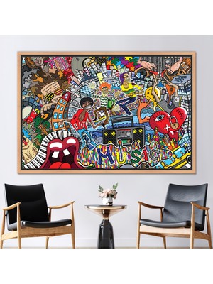 Kayra Export 1 Parça Naturel Çerçeveli Kanvas Tablo, Renkli Duvar Dekoru, Müzik Grafiti Sanat,