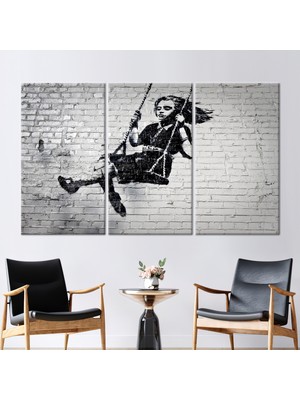 Kayra Export 3 Parçalı Kanvas Tablo, Banksy Girl Swing, Swing Girl Kanvas, Banksy Duvar Süsü, Resim Sanat,