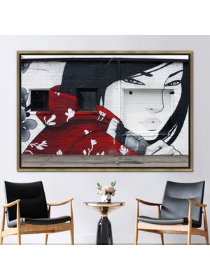 Kayra Export 1 Parça Gold Çerçeveli Kanvas Tablo, Kadın Sokak Sanat, Grafiti Kanvas Sanatı, Soyut Kadın Duvar Dek