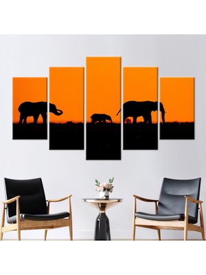 Kayra Export 5 Parçalı Mix Kanvas Tablo Fil Ailesi Siyah ve Portakal Kanvas Fil Silueti Sanat Eseri