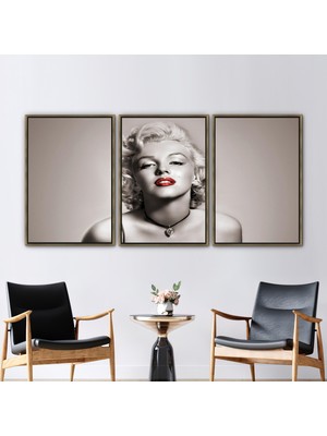 Kayra Export 3 Parçalı Gold Çerçeveli Kanvas Tablo Kırmızı Dudak Baskılı Monroe Kanvas Poster
