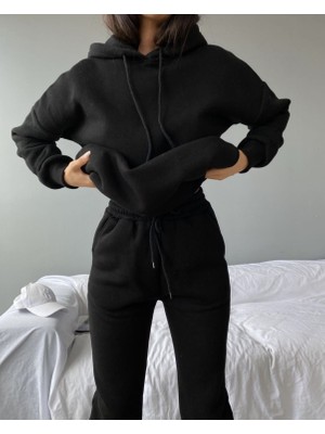 Julishop Kadın Siyah Oversize Kapüşonlu Sweatshirt Polarlı Pamuk Basic Eşofman Takım