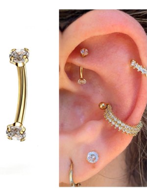 Bylin Cerrahi Çelik Zirkon Taşlı Rook Piercing , Kaş Piercing, Muz Piercing - 8mm - 1 Adet