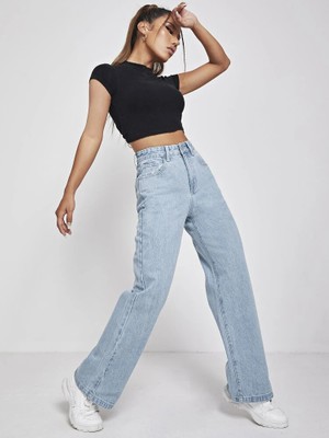 Shevega Buz Mavi Likralı Bol Paça Flare Jeans Salaş Kot Pantolon
