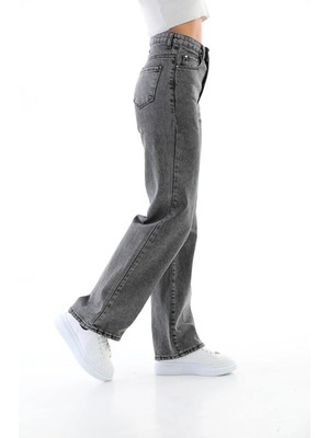 Shevega Antrasit Likralı Bol Paça Flare Jeans Salaş Kot Pantolon
