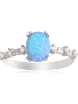 Silveranka 925 Ayar Gümüş Yüzük Oval Mavi Opal Taş Vintage Yüzük