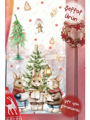 Msticker Yılbaşı Tavşanları Sticker Seti Şeffaf, Yeni Yıl Kış Konseptli Cam Sticker