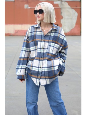 Madmext Lacivert Oversize Kadın Oduncu Gömlek MG1589