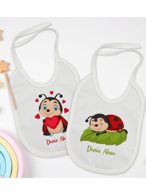 Bk Kids Kişiye Özel Uğur Böceği Tasarımlı 2’li Beyaz Mama Önlüğü-1