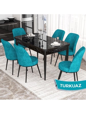 Canisa Concept Kor Serisi, Siyah Mermer Desen 70X114 Açılabilir Mutfak Masa Takımı, 6 Sandalye