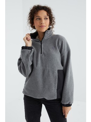 Gri Melanj Yarım Fermuar Etek Ucu Büzgülü Dik Yaka  Oversize Kadın Polar Sweatshirt - 97236
