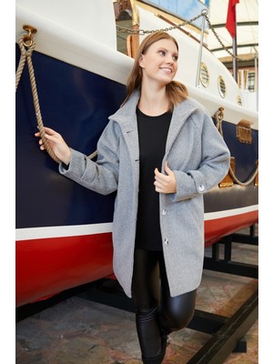 Rmg Kol Detaylı Büyük Beden Gri Kaşe Kaban