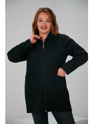 Rmg Cep Detaylı Kapşonlu Büyük Beden Siyah Keçe Ceket
