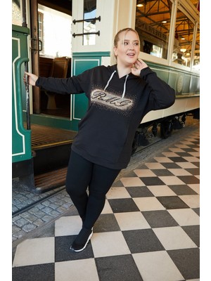 Rmg Taş Işlemeli Büyük Beden Siyah Sweatshirt