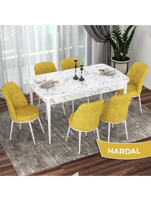 Canisa Concept  Kor Serisi, Beyaz Mermer Desen 70X114 Açılabilir Mutfak Masası Takımı, 6 Sandalye