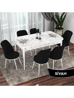 Canisa Concept  Kor Serisi, Beyaz Mermer Desen 70X114 Açılabilir Mutfak Masası Takımı, 6 Sandalye