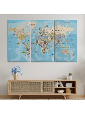 Dünyatablo Dünya Haritası Kanvas Tablo Son Derece Detaylı Dekoratif Okyanuslu ( Üç Parça )