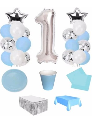 Çıtı Pıtı Store Mavi Gümüş 1 Yaş Lüks Hazır Doğum Günü Seti