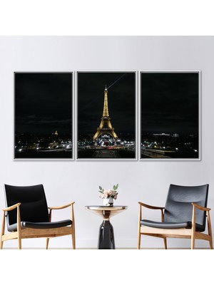 Kayra Export 3 Parçalı Beyaz Çerçeveli Kanvas Tablo Eyfel Kulesi'nin Gece Manzarası Eyfel Peyzajı Baskılı