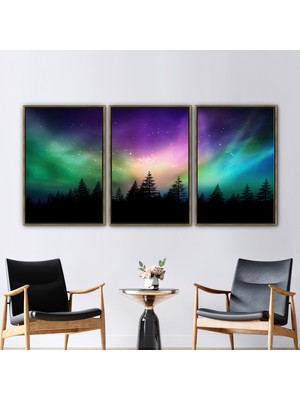 Kayra Export 3 Parçalı Gold Çerçeveli Kanvas Tablo Renkli Gökyüzü Kanvas Poster Yer Posteri Manzara Duvar Süsü