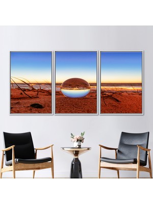 Kayra Export 3 Parçalı Beyaz Çerçeveli Kanvas Tablo Plaj Sanat Küre Sanat Eseri Deniz Duvar Dekoru