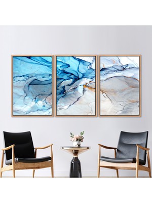 Kayra Export 3 Parçalı Naturel Çerçeveli Kanvas Tablo Mavi Kanvas Sanatı Mermer Duvar Süsü