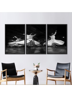 Kayra Export 3 Parçalı Siyah Çerçeveli Kanvas Tablo Dönen Dervish Siluetler Dansı Kanvas
