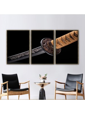 Kayra Export 3 Parçalı Gold Çerçeveli Kanvas Tablo Samurai Sward Kanvas Sanatı Katana Blade 3 Boyutlu Kanvas