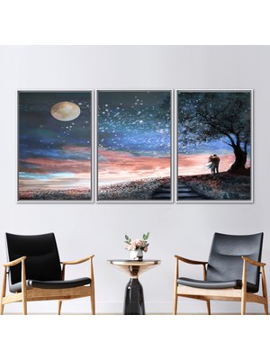Kayra Export 3 Parçalı Beyaz Çerçeveli Kanvas Tablo Sevgililer Duvar Süsü Gece Manzarası Sanat Eseri