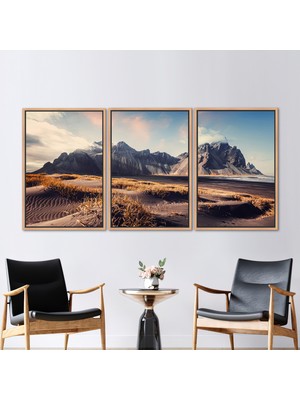 Kayra Export 3 Parçalı Naturel Çerçeveli Kanvas Tablo Gökyüzü Sanat Eseri Dağ Kanvas Izlanda Kanvas Poster