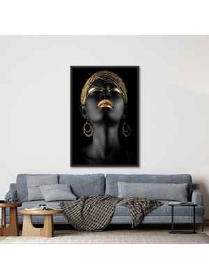 Kayra Export 1 Parça Siyah Çerçeveli Kanvas Tablo Afrika Altın Dudağı Kanvas Etnik Sanat