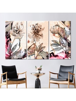 Kayra Export 3 Parçalı Kanvas Tablo Şakayık Kanvas Yumuşak Tonlar Duvar Dekoru Çiçek Baskılı Modern 3 Boyutlu