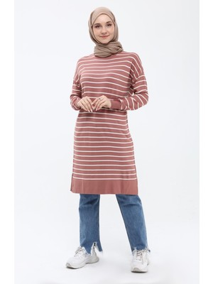 İlmek Kadın Çizgili Uzun Triko Tesettür Tunik 4355