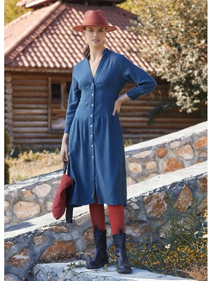 Clandestino Boydan Düğmeli Midi Boy Pensli Elbise Mavi