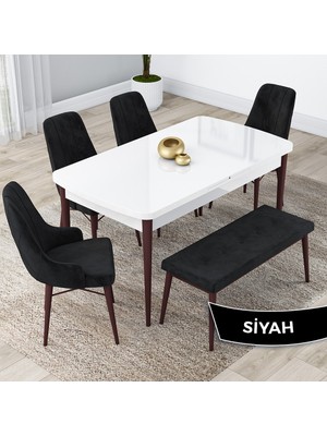 Canisa Concept Kar Serisi, 80X132 Açılabilir Mdf Masa Takımı, Beyaz Masa Ceviz Ayak 4 Sandalye 1 Bench