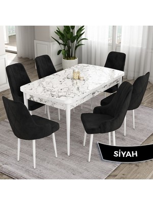 Canisa Concept Eta Serisi, 80X132 Açılabilir Mdf Mutfak Masa Takımı, Beyaz Mermer Desen Masa 6 Sandalye