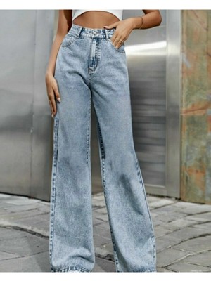 Livik Lipa Açık Mavi Kar Yıkama Süper Yüksek Bel Bol Paça Denim Kot Pantolon