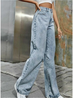 Livik Kadın Morgana Kar Yıkama Likralı Yüksek Bel Bol Paça Kot Pantolon