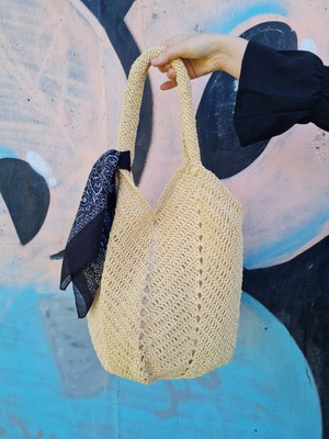 Verda Desing Fularlı Hasır Orta Boy Kol Plaj Çantası Saman Rengi El Örgüsü