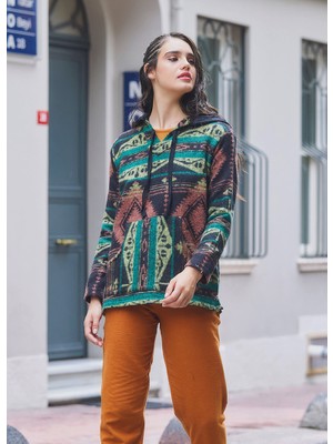 Clandestino Etnik Desenli Kapüşonlu Sweatshirt Yeşil Turuncu