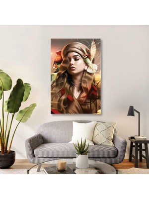 SML Tablo Inci Küpeli Bohem Kız ve Yeşil Kuş Kanvas Tablo