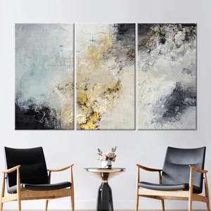 Kayra Export 3 Parçalı Kanvas Tablo, Gri ve Altın Alçı, Gri Kanvas, Işıltılı Kanvas Dekor, Çağdaş Duvar Süsü,