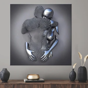Kayra Export 1 Parça Kanvas Tablo, Sarılma Çifti, Çift Sanat Eseri, 3D Gümüş Çift Kanvas Sanatı,