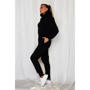 Kadın Siyah Oversize Kapüşonlu Sweatshirt Polarlı Pamuk Basic Eşofman Takım